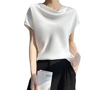 Blouse Femme, Chemisier en Satin pour Femme Été Élégant Solide Pull À Col Bénitier Chemises Tops Mode Manches Courtes Tunique Tops Casual Blouses De Travail en Soie T-Shirts pour Dames Filles,