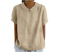 Blouse Femme Chic et Élégant Col Claudine Chemisier Couleur Unie Oeillet Broderie T-Shirt Été Manches Courtes Tunique Coupe Ample Revers Chemise Léger et Respirant Haut