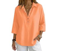 Blouse Femme Chic et Élégant Col V Chemisiers et Blouses Coton et Lin Manches 3/4 Décontracté Ample Fluide Couleur Uni Lâche Respirant T-Shirts Chemise avec Bouton Longue Gaze Double