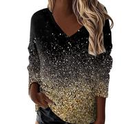 Blouse Femme Chic et élégant Haut Paillettes Impression Femme T-Shirt Top à Sequin Manches Longues Blouse Chic Tee Shirt Manche Longue Femme Col V Chemise Argent Or Tops pour Disco Soirée Club Fête