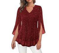Blouse Femme Chic Et Élégant Loose Chemisiers Chic Et Élégant Col V Sexy Tops Manches 3/4 à Volants Vêtements Grande Taille Tunique Brillantes Casual Fête Soirée Party Club T-Shirt Ample Haut Blouses