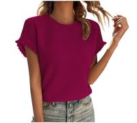 Blouse Femme Chic et Élégant Manches Courtes Hauts Couleur Unie Chemisier D'été Mode Été Col Rond Blouse Léger Respirant Chemisier Coupe Ample Hauts