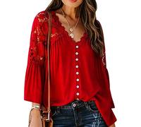 Blouse Femme Col V Manche 3/4 Chemisier Dentelle Femme Chic Et Élégant Haut Femme Chic Et Elegant Chemise Oversize Femme Blouse Tunique Fluide Femme Grande Taille Chemisier Femmes Casual Rouge XXL
