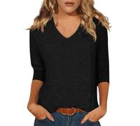 Blouse Femme Col V Manche 3/4 Couleur Uni Sport Outdoor Plein Air Pull Chic Femme Grande Taille T-Shirt Mi Saison Randonnée Carnaval Marque Tenue De Sport 01 Noir XXL