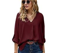 Blouse Femme Col V Manche Longue 3/4 Chemisier Femme Chic Et Élégant Haut Femme Elegant Chemise Oversize Blouse Tunique Fluide Femme Grande Taille Chemisier Mousseline Manches Longues Femmes Rouge 3XL