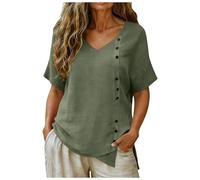 Blouse Femme Coton Lin Manche Courte, Chemise Été Col en V, Ample et Chic pour Toutes Occasions