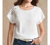 Blouse femme élégante d'été à manches chauve-souris avec application de perles sur le décolleté, convenant à diverses occasions. Blouse modeste vintage pour femmes, idéale pour la rentrée scolaire, le