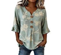 Blouse Femme Élégante Et Décontractée Col V Manches Trois Quarts Ornées De Volants Style Bohème Modèle Tendance Adaptée À Différentes Occasions Estivales(1A-Light Green, XXL)