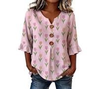 Blouse Femme Élégante Et Décontractée Col V Manches Trois Quarts Ornées De Volants Style Bohème Modèle Tendance Adaptée À Différentes Occasions Estivales(1C-Light Pink, L)