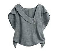 Blouse Femme Ete Chemise en Lin Fluide Ample Hauts D'éTé pour Femmes T-Shirts à Col V AsyméTrique Chemisiers à Manches Courtes BoutonnéEs Style Blouse Femme Ete Chemise en Lin Fluide (Grey S)