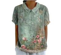 Blouse Femme Été Coton et Lin T-Shirt Imprimé Fleurs Hauts Col Claudine Chemisier Manches Courtes Tunique Grande Taille Revers Chemise Décontracté et Simple Blouse