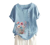 Blouse Femme Grande Taille Manches Courtes Coton Lin Chic Col Rond Chemisiers T-Shirt et élégant avec Boutons Polyvalente Vintage Tops Hauts Casual Vêtements Respirant