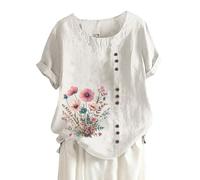 Blouse Femme Grande Taille Manches Courtes Coton Lin Chic Col Rond Chemisiers T-Shirt et élégant avec Boutons Polyvalente Vintage Tops Hauts Casual Vêtements Respirant