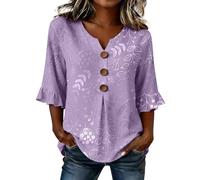 Blouse Femme Lin et Coton à Imprimé Floral, Chemisier Chic Manche 3/4 Col V avec Boutons, Haut d'Été Respirant à Manches Volantées, Top Casual Ample Style Bohème Vintage pour Plage