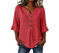 Blouse Femme Lin et Coton à Imprimé Floral, Chemisier Chic Manche 3/4 Col V avec Boutons, Haut d'Été Respirant à Manches Volantées, Top Casual Ample Style Bohème Vintage pour Plage
