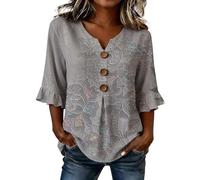 Blouse Femme Lin et Coton à Imprimé Floral, Chemisier Chic Manche 3/4 Col V avec Boutons, Haut d'Été Respirant à Manches Volantées, Top Casual Ample Style Bohème Vintage pour Plage