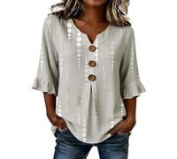 Blouse Femme Lin et Coton à Imprimé Floral, Chemisier Chic Manche 3/4 Col V avec Boutons, Haut d'Été Respirant à Manches Volantées, Top Casual Ample Style Bohème Vintage pour Plage