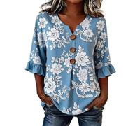 Blouse Femme Lin et Coton à Imprimé Floral, Chemisier Chic Manche 3/4 Col V avec Boutons, Haut d'Été Respirant à Manches Volantées, Top Casual Ample Style Bohème Vintage pour Plage
