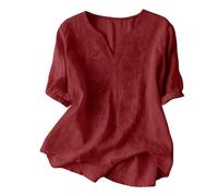 Blouse Femme Lin Trois Quarts Manches Ornements Brodés Style Rétro Bohème Coupe Ample Confortable Usage Polyvalent pour Diverses Occasions(1B-Watermelon Red, M)