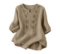 Blouse Femme Lin Trois Quarts Manches Ornements Brodés Style Rétro Bohème Coupe Ample Confortable Usage Polyvalent pour Diverses Occasions(1A-Brown, XL)
