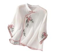 Blouse Femme Manches 3/4 Chemisier en Coton et Lin Broderie Fleurs Chemise Chic et Élégant Hauts avec Boutons Coupe Ample Été Tunique Léger et Respirant Chemisier