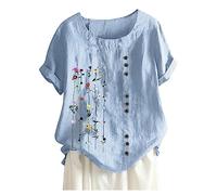 Blouse Femme Manches Courtes Coton Lin Chic Col Rond Chemisiers Blouses Mode et élégant Vintage Imprimé Floral Tops Hauts de Plage Grande Taille Printemps