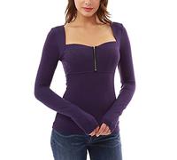 Blouse Femme Manches Longues Moulant Tee Shirt Décolleté Hauts avec Zipper Violet XL