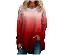 Blouse Femme Manches Longues Tie Dye Col Rond Printemps Outdoor T Shirt Large Saint Valentin Chemisier Satin Femme T-Shirts Confortable Chemise Femme Classique Top Rouge L