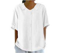 Blouse Femme Mode Chemisier en Coton et Lin Col Claudine Chemise Simple Manches Courtes Blouse Été T-Shirt Hauts avec Boutons Couleur Unie Revers Tunique Ample et Respirant Chemisier