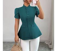 Blouse femme printemps/été, style romantique français de Sicile, élégante et décontractée, pour le travail, les vacances, le thé de l'après-midi. Col montant, ouverture devant avec boutons, manches bo