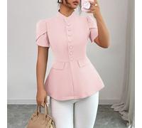 Blouse femme printemps/été, style romantique français de Sicile, élégante et décontractée, pour le travail, les vacances, le thé de l'après-midi. Col Mao, ouverture devant avec boutons, manches bouffa