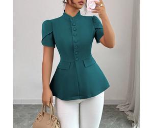 Blouse femme printemps/été, style romantique français de Sicile, élégante et décontractée, pour le travail, les vacances, le thé de l'après-midi. Col montant, ouverture devant avec boutons, manches bo