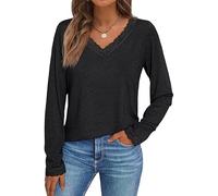 Blouse Femme,V Neck T Shirts for Women Lace Trim Long Sleeve Cute Tops Fall Winter Dressy Business Casual Blouses Elegant Plain Loose Basic Tunic for Leggings Black S