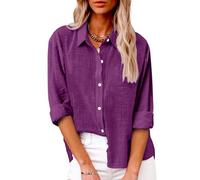 Blouse Femme,Women's Solid Color Stand Up Collar Cotton and Line Long Sleeved Shirt Blouse Haut Transparent (Deep Purple, M)