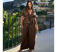Blouse grande taille décontractée en lin avec manches bouffantes, couleur unie, col en V profond, taille nouée, tenue d'été pour vacances, escapade urbaine, tenue d'aéroport, style bohème Ibiza, pour 