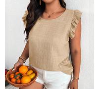 Blouse grande taille décontractée traditionnelle élégante à imprimé léopard, patchwork, manches volantées, col rond, à nouer, pull-over, vacances d'été 0XL,1XL,2XL,3XL,4XLUnicoloreTissu tissé