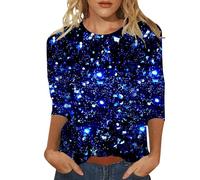 Blouse Manches Trompette Femme T-shirt Mince Décontracté Col Rond Manches Paillettes Imprimé Haut Confortable Pull Ventre Nu, bleu, XL