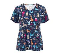 Blouse Medicale Femme Col en V Impression Chien Haut de Infirmière Travail à Manches Courtes, Vête de Travail avec Poches Infirmière Blouse de Travail Laboratoire Soignant Uniforme