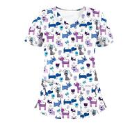 Blouse Medicale Femme Col en V Impression Chien Haut de Infirmière Travail à Manches Courtes, Vête de Travail avec Poches Infirmière Blouse de Travail Laboratoire Soignant Uniforme