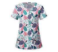 Blouse Medicale Femme col en V Uniforme à Manches Courtes et Haut d'allaitement Infirmière, Dentiste, Médecins Scrubs Travail Elastiqu Tunique Imprimerie de Fleurs T-Shirt Top