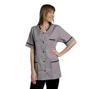 Blouse médicale Femme Manche Courte avec Biais 1cm Fermeture Boutons Pressions Noir 3 Poche Dont 1 Poitrine Polyester Coton (FR/ES, Alpha/Lettres, TG, Taille Normale, Taille Normale, Gris)