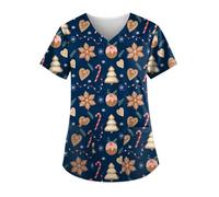 Blouse Medicale Pour Femmes Imprimé Père Noël Col En V Chemise Femme Manches Courtes Tunique Lâche Haut T-Shirt Tenue Infirmiere Blouse De Travail Imprimé De Noël Pour Femmes Pullover Acec Poches