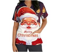 Blouse Medicale Pour Femmes Imprimé Père Noël Col En V Hauts Léger Respirant Pour Infirmières Tenue Aide Soignante Femme Blouse Uniforme Médical Femme Noël Haut D'infirmière De Soignant Avec Poches