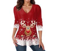 Blouse Noel Femme Oversize col V T-Shirts à Manches Longues pour Femmes Tee Shirt Noel Tops Imprimée Chemise élégante et Décontractée pour Femmes Chemises