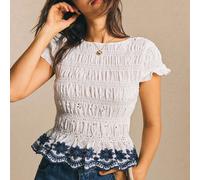 Blouse Peplum Extensible Smockée Blanche pour Femmes, Top à Manches Courtes avec Broderie Florale à Œillets sur l'Ourlet, Élément Essentiel de Vacances Toutes Saisons pour le Quotidien & la Rentrée Sc
