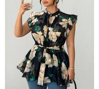 Blouse pour femmes grandes tailles, blouse en mousseline de style palais avec manches évasées élégantes et garniture à volants, bleu militaire, convient pour la rentrée scolaire, la remise des diplôme