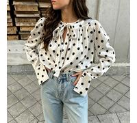 Blouse pull-over élégante Top de gamme en satin brillant avec imprimé à pois, devant froncé, nœud à nouer, col rond, manches longues bouffantes, coupe ample pour femmes L,M,S,XLGéométriqueTissu tricot