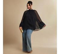 Blouse romantique noire à manches longues semi-transparentes et ample avec découpes pour femmes grandes tailles 0XL,1XL,2XL,3XL,4XL,5XLUnicoloreTissu tissé