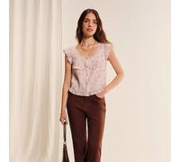 Blouse romantique texturée pêche avec imprimé floral, un col rond en dentelle et une ouverture frontale L,M,S,XL,XSUnicoloreTissu tissé