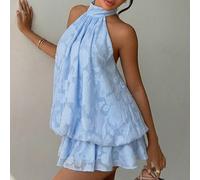 Blouse rose à col ras-du-cou sans dos en dentelle pour femmes, style doux et féérique de jeune fille, top d'été ample et court L,M,S,XSPlantesTissu tissé